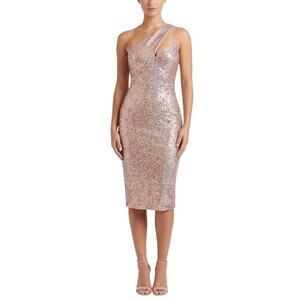 AQUA Sequined One Shoulder Midi Sheath Cocktail Dress Rose Gold Pink Size 8